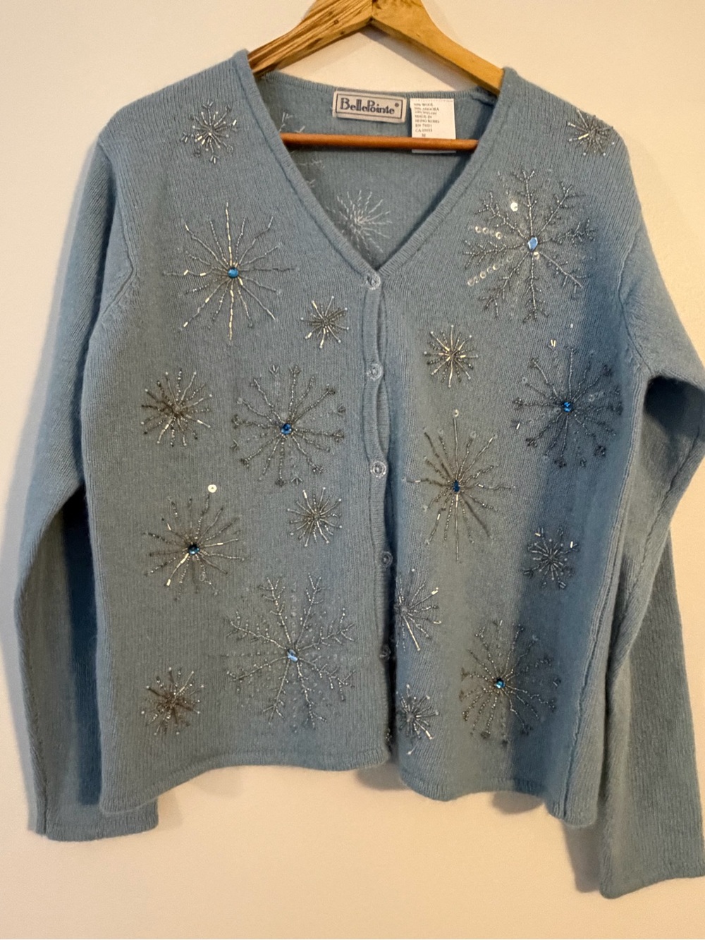 Vintage BellePointe Light Blue Embellished Snowflake Cardigan M NWT